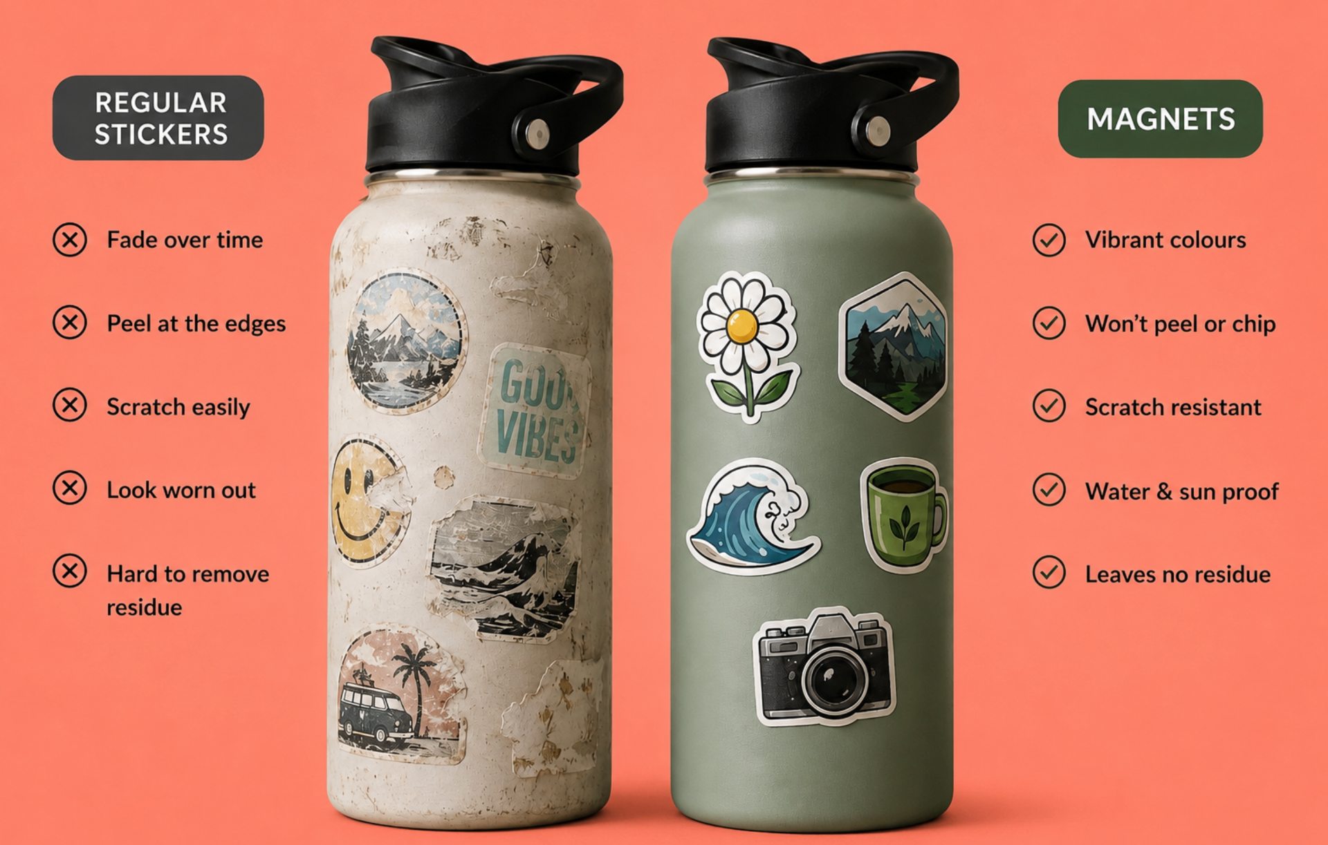 Regular stickers fade, peel and scratch — Magnits stay vibrant, won't peel, and leave no residue